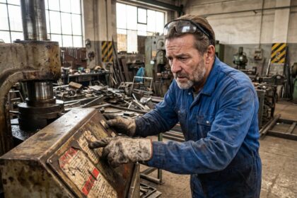 Ouvrier d'usine inspectant des marquages de sécurité usés sur machine industrielle dans un atelier de fabrication métallique