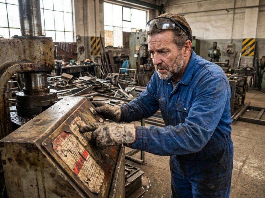 Ouvrier d'usine inspectant des marquages de sécurité usés sur machine industrielle dans un atelier de fabrication métallique