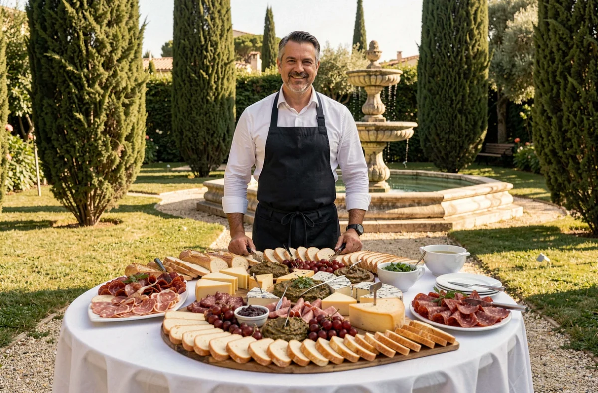 Traiteur Marrou préparant un cocktail dînatoire avec charcuterie et fromages provençaux dans un jardin ensoleillé à Marseille