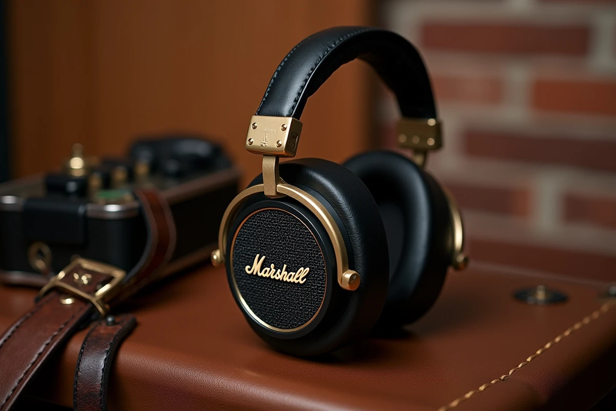Casque Marshall Monitor III ANC noir et doré posé sur un ampli vintage avec design rétro emblématique
