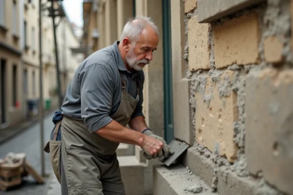 Maçon appliquant un enduit hydraulique sur une façade ancienne avec truelle, montrant la technique de ravalement professionnel