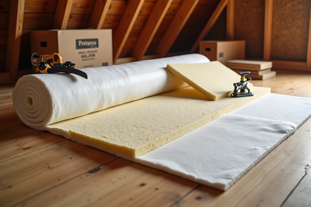 Matériaux d'isolation des combles disposés avant travaux : laine, mousse, pare-vapeur