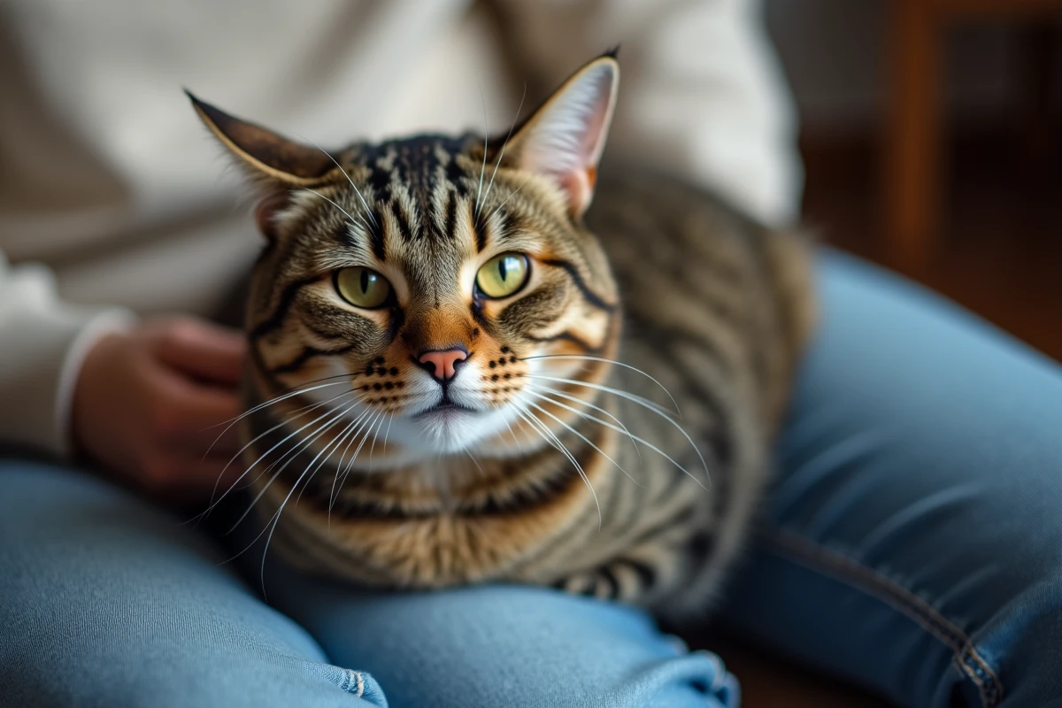 Chat adulte au regard calme assis sur les genoux de son propriétaire, montrant une relation de confiance