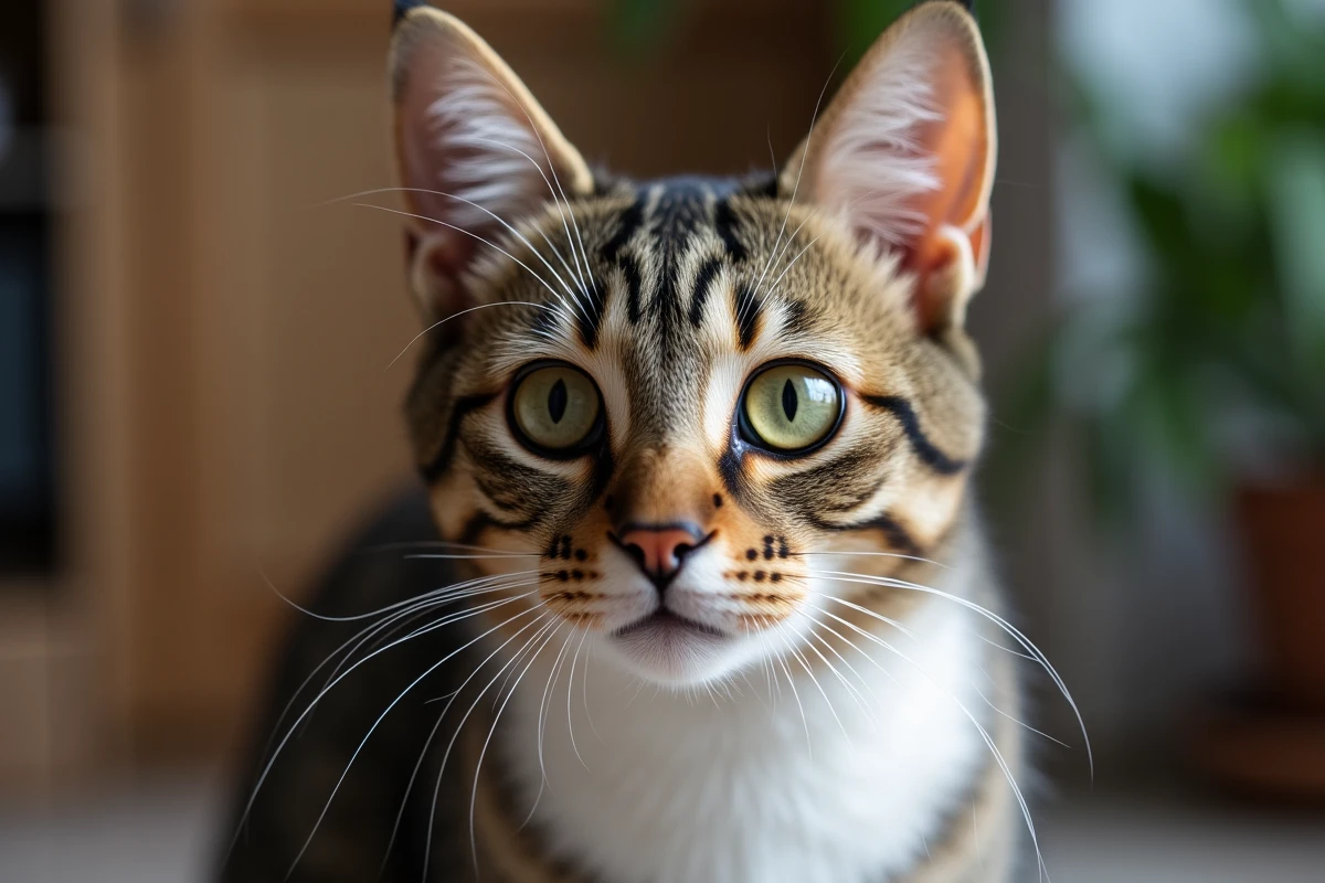 Portrait rapproché d'un chat adulte au regard bienveillant et au caractère établi