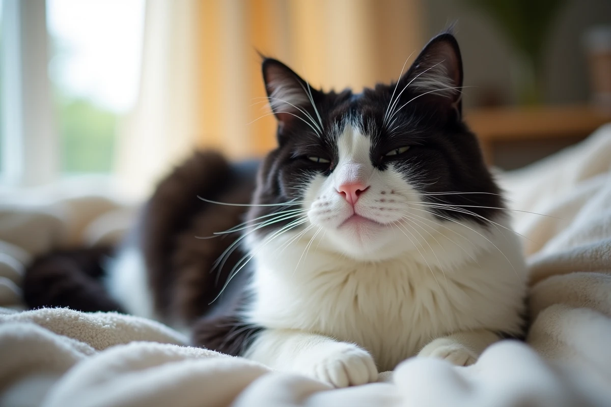 Chat adulte noir et blanc reposant paisiblement sur une couverture douce, expression calme et sereine