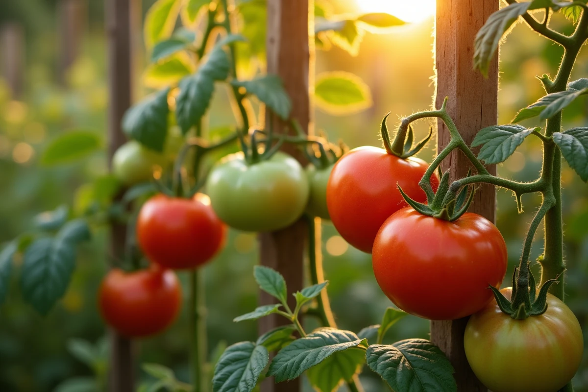 Plantation de tomates tuteurées avec fruits à différents stades de maturité en été