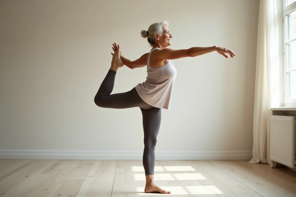 Senior femme montrant l'amélioration de la souplesse et l'équilibre grâce au pilates après 50 ans