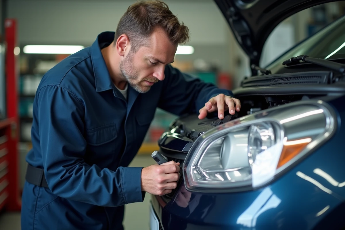 Mécanicien inspectant les phares d'une petite citadine dans un garage automobile