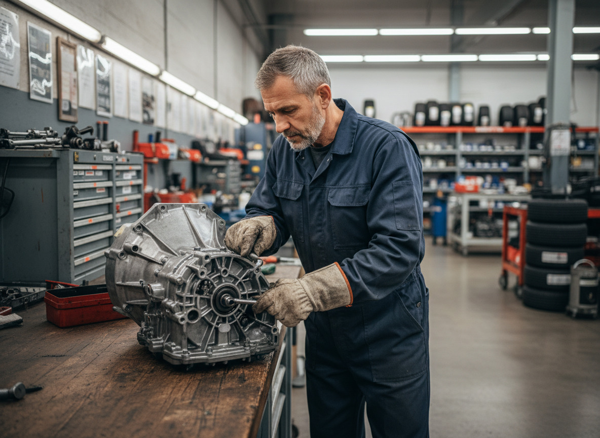 Mécanicien homme examine une boite auto dans un atelier propre