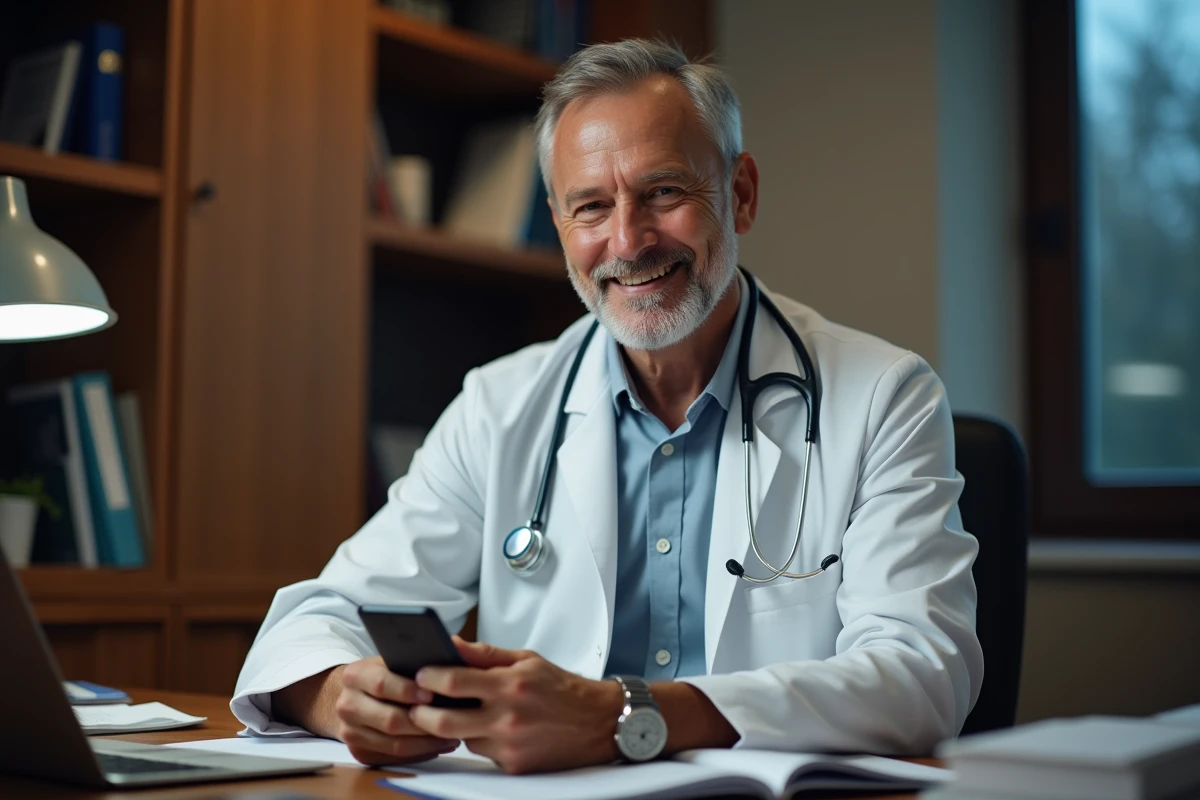 Médecin en consultation téléphonique après les heures de cabinet pour rassurer les patients avec permanence médicale