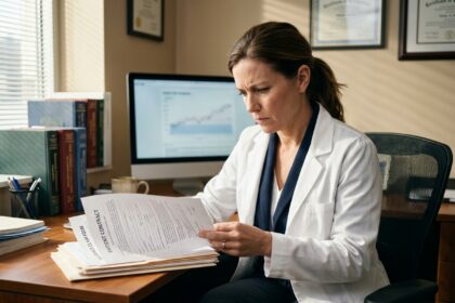 Médecin professionnel en blouse blanche examinant des contrats d'assurance responsabilité civile à son bureau de consultation