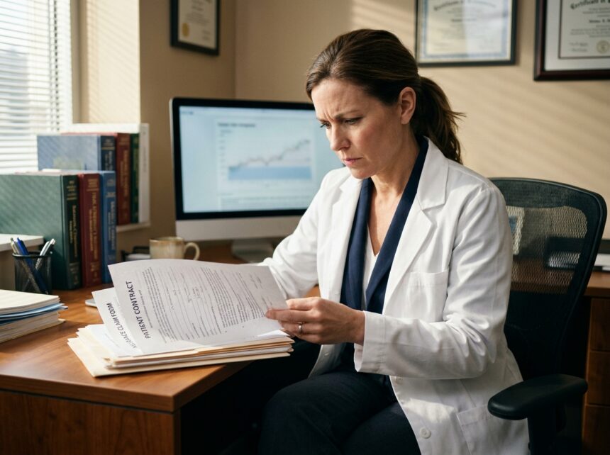 Médecin professionnel en blouse blanche examinant des contrats d'assurance responsabilité civile à son bureau de consultation