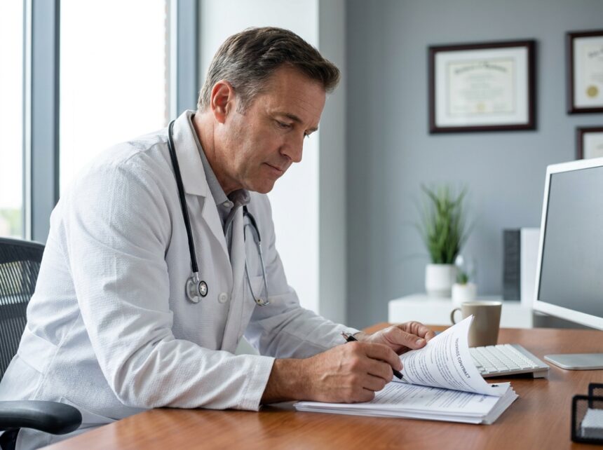 Médecin généraliste examinant attentivement un contrat d'assurance responsabilité civile à son bureau clinique avec documents professionnels
