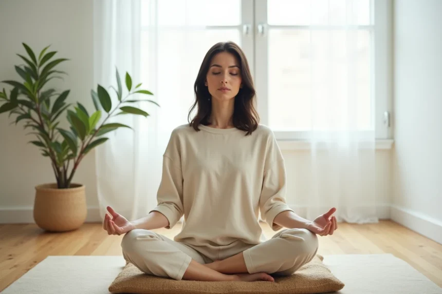 femme débutante en méditation assise sur un coussin de yoga dans une chambre minimaliste blanche avec les yeux fermés