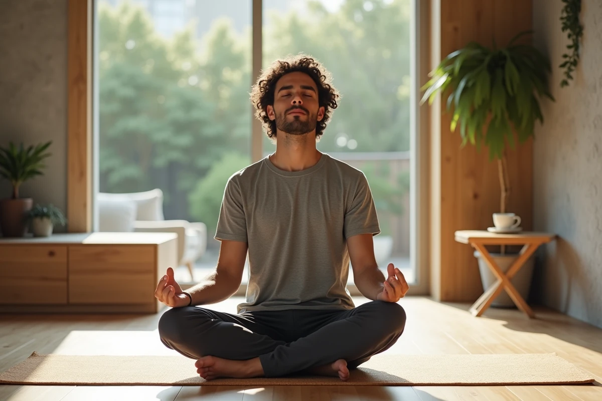 homme en séance de méditation débutant sur un tapis de yoga dans un salon lumineux avec murs en bois clair