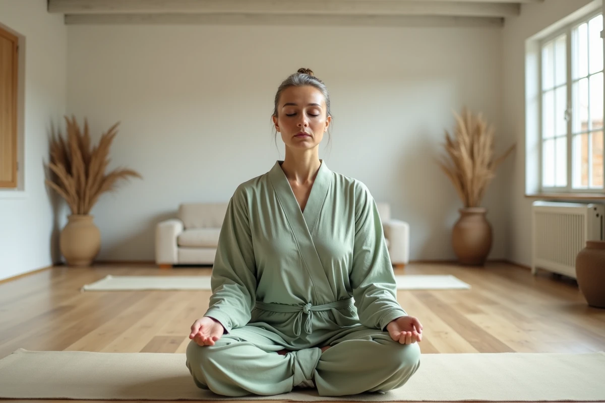 personne d'âge mûr en méditation assise sur un banc de méditation dans un studio de yoga aux tons naturels