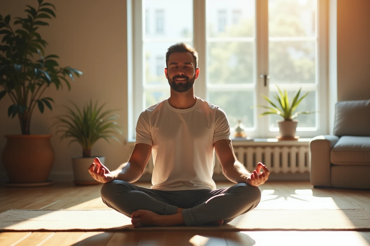 Homme en méditation et bien-être pendant une période de jeûne intermittent, ambiance zen et apaisante