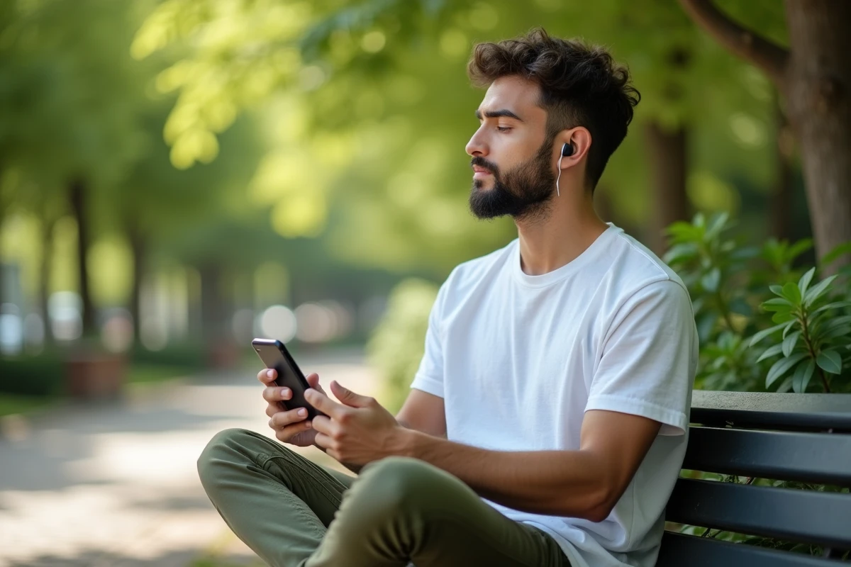 Jeune homme utilisant l'application gratuite Medito sur son smartphone dans un parc urbain