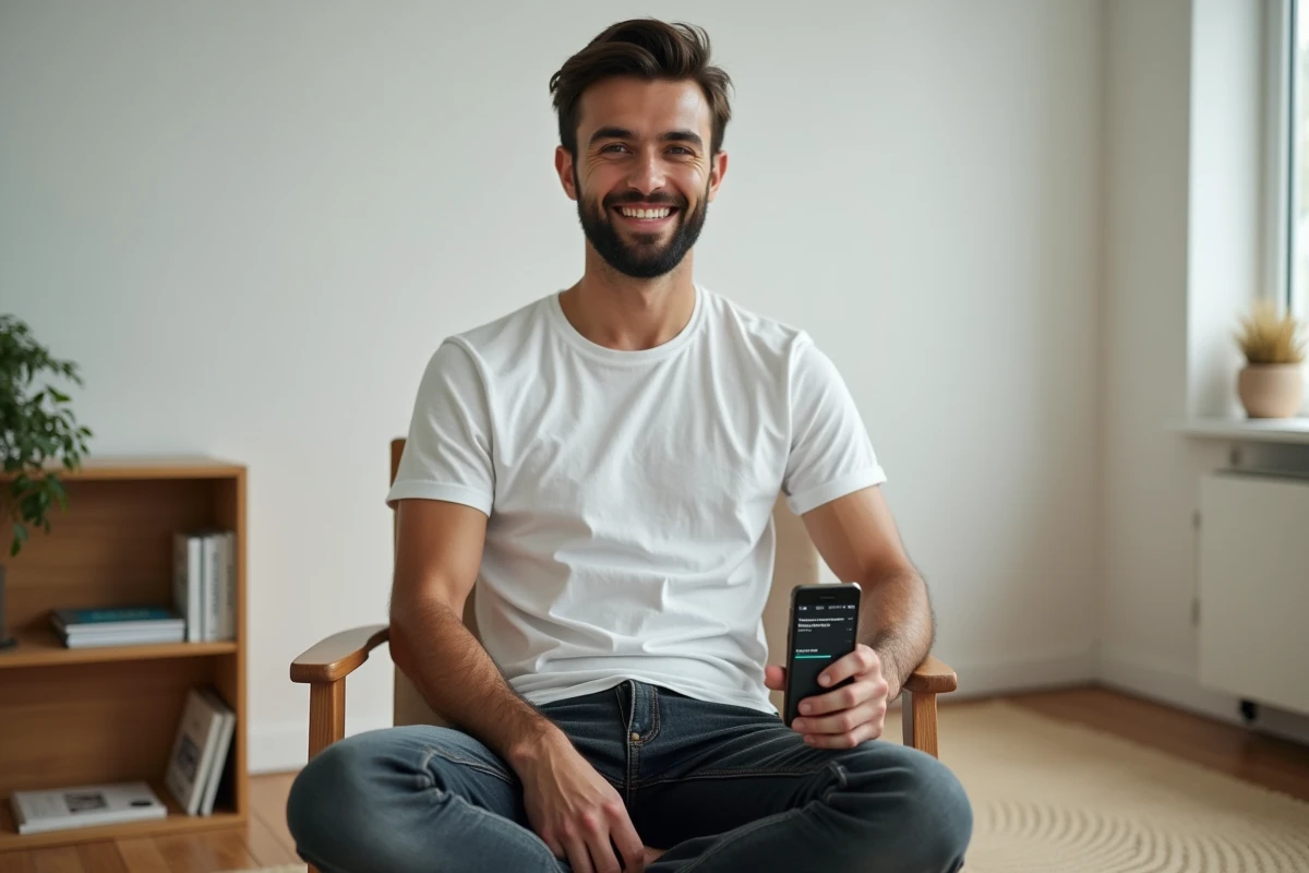 Jeune homme utilisant l'application Medito, une application de méditation entièrement gratuite, sur son smartphone