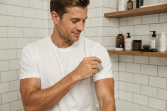 Homme appliquant un déodorant roll-on dans une salle de bain moderne, illustration pour un guide des meilleurs déodorants pour homme