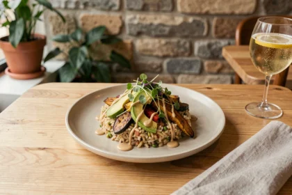 Bol healthy végétarien servi dans un restaurant parisien moderne avec légumes rôtis, avocat et microgreens sur table en bois clair