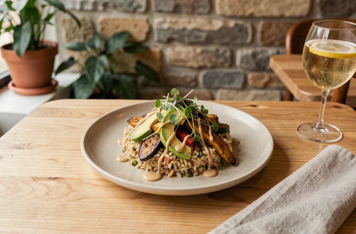 Bol healthy végétarien servi dans un restaurant parisien moderne avec légumes rôtis, avocat et microgreens sur table en bois clair