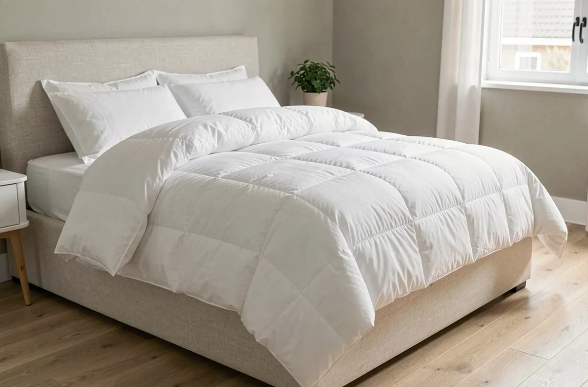 Couette blanche moelleuse en duvet sur un lit bien fait dans une chambre de style scandinave