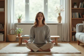 Femme en méditation dans un salon minimaliste, illustrant le thème des applications de méditation en 2026