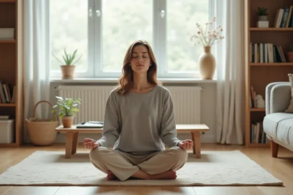 Femme en méditation dans un salon minimaliste, illustrant le thème des applications de méditation en 2026