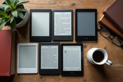 Vue d'ensemble de plusieurs liseuses électroniques posées sur un bureau en bois avec une tasse de café et des livres de poche