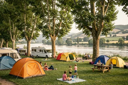 Vue panoramique d'un camping typique en région lyonnaise avec tentes et camping-cars sous les arbres au bord d'une rivière