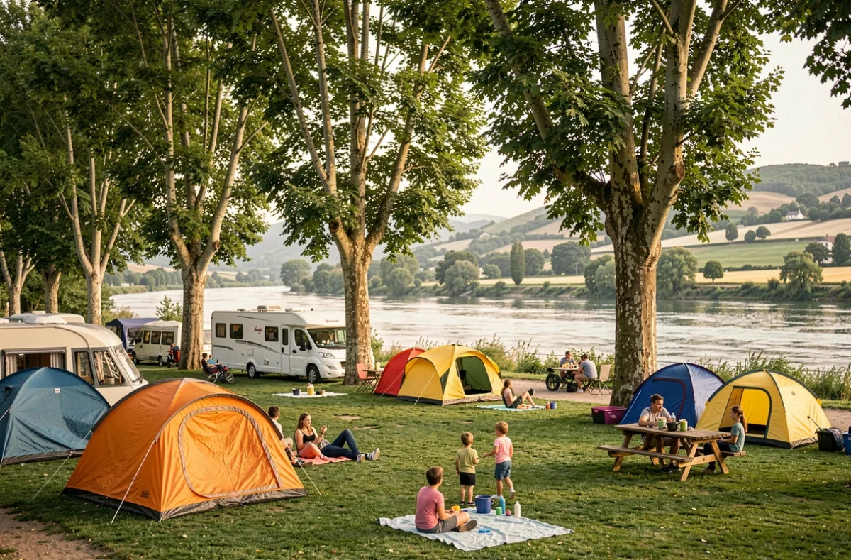 Vue panoramique d'un camping typique en région lyonnaise avec tentes et camping-cars sous les arbres au bord d'une rivière