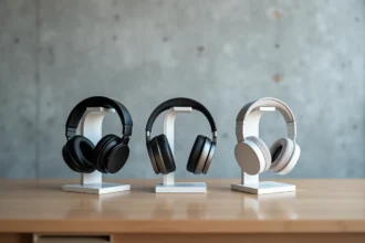 Sélection de casques Bluetooth premium disposés sur un bureau minimaliste moderne représentant le top des meilleurs casques en 2026
