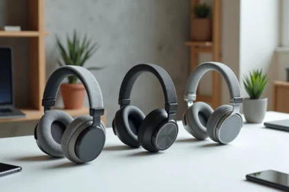 Sélection de casques Bluetooth haut de gamme posés sur un bureau moderne pour un comparatif 2026