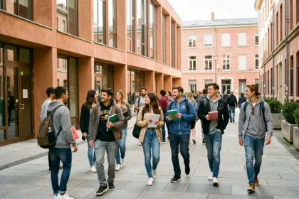 Vue panoramique d'un campus de formation à Toulouse avec des étudiants adultes devant un bâtiment moderne en brique rose