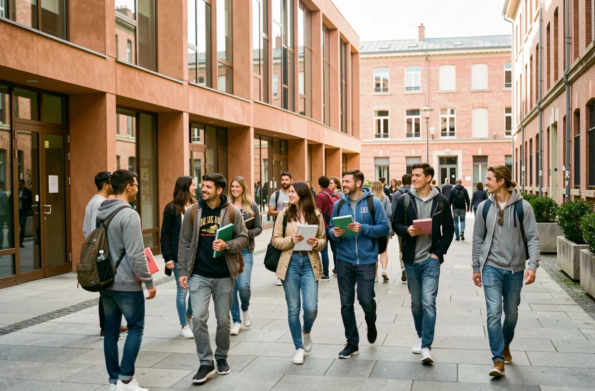 Vue panoramique d'un campus de formation à Toulouse avec des étudiants adultes devant un bâtiment moderne en brique rose