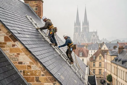 Équipe de couvreurs professionnels travaillant sur un toit en ardoise à Beauvais avec la cathédrale en arrière-plan