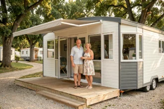 Couple devant un mobil-home moderne français dans un camping verdoyant, terrasse en bois et grandes baies vitrées