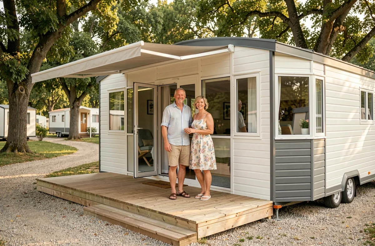 Couple devant un mobil-home moderne français dans un camping verdoyant, terrasse en bois et grandes baies vitrées