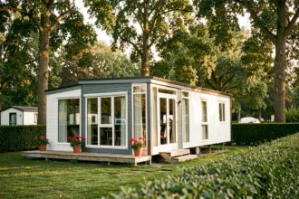 Mobil-home moderne de fabrication française installé dans un camping verdoyant en pleine nature