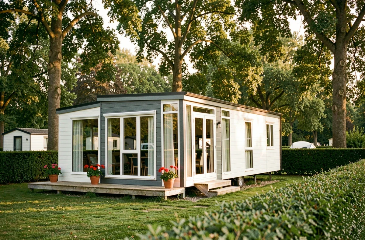 Mobil-home moderne de fabrication française installé dans un camping verdoyant en pleine nature