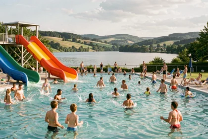 Vue panoramique d'un parc aquatique animé en Bourgogne-Franche-Comté avec toboggans gonflables et familles profitant de l'eau en plein été