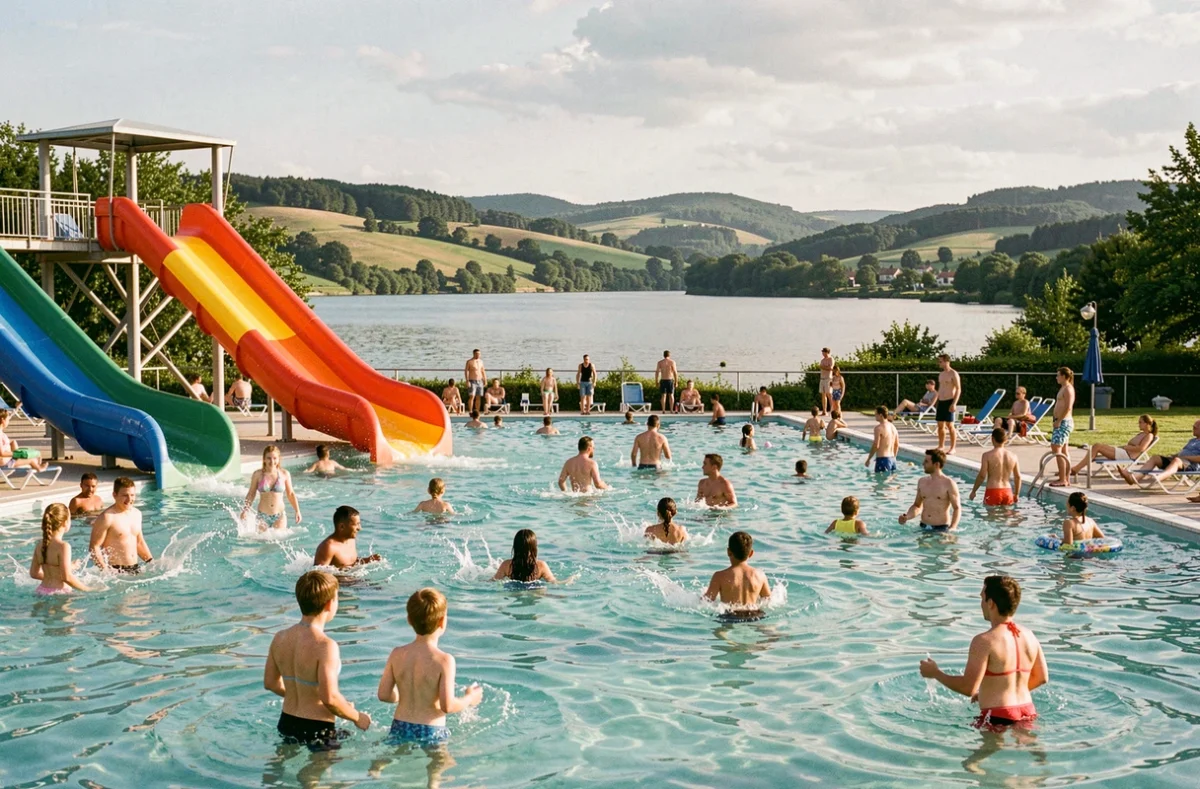Vue panoramique d'un parc aquatique animé en Bourgogne-Franche-Comté avec toboggans gonflables et familles profitant de l'eau en plein été