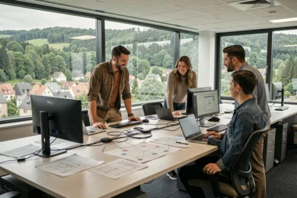 Équipe de prestataires informatiques dans les Vosges travaillant dans un bureau moderne avec vue sur les forêts vosgienness