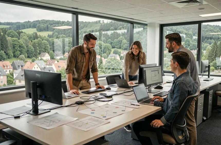 Équipe de prestataires informatiques dans les Vosges travaillant dans un bureau moderne avec vue sur les forêts vosgienness