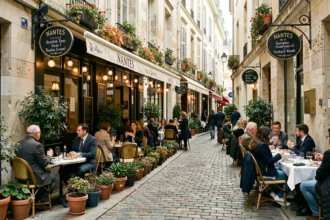 Vue panoramique d'une rue de restaurants animée à Nantes avec terrasses, façades en pierre et ambiance bistrot français authentique