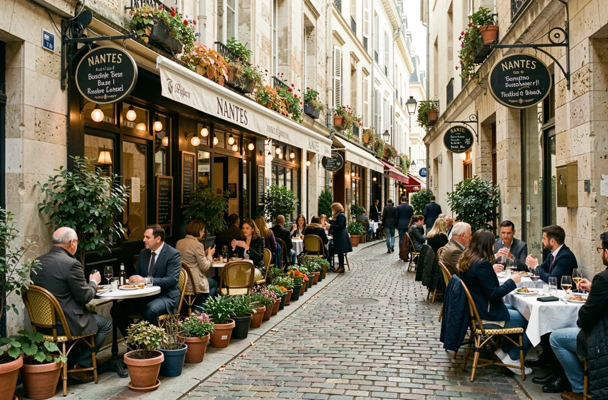 Vue panoramique d'une rue de restaurants animée à Nantes avec terrasses, façades en pierre et ambiance bistrot français authentique