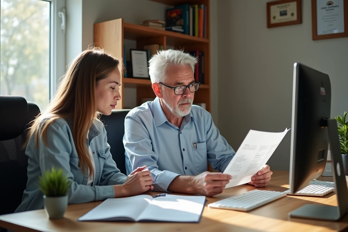 Mentorat en intelligence artificielle entre un professionnel expérimenté et un jeune apprenant dans un bureau résidentiel