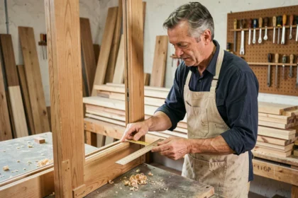 Menuisier expérimenté mesurant un cadre de porte en chêne dans un atelier de menuiserie artisanale dans l'Hérault