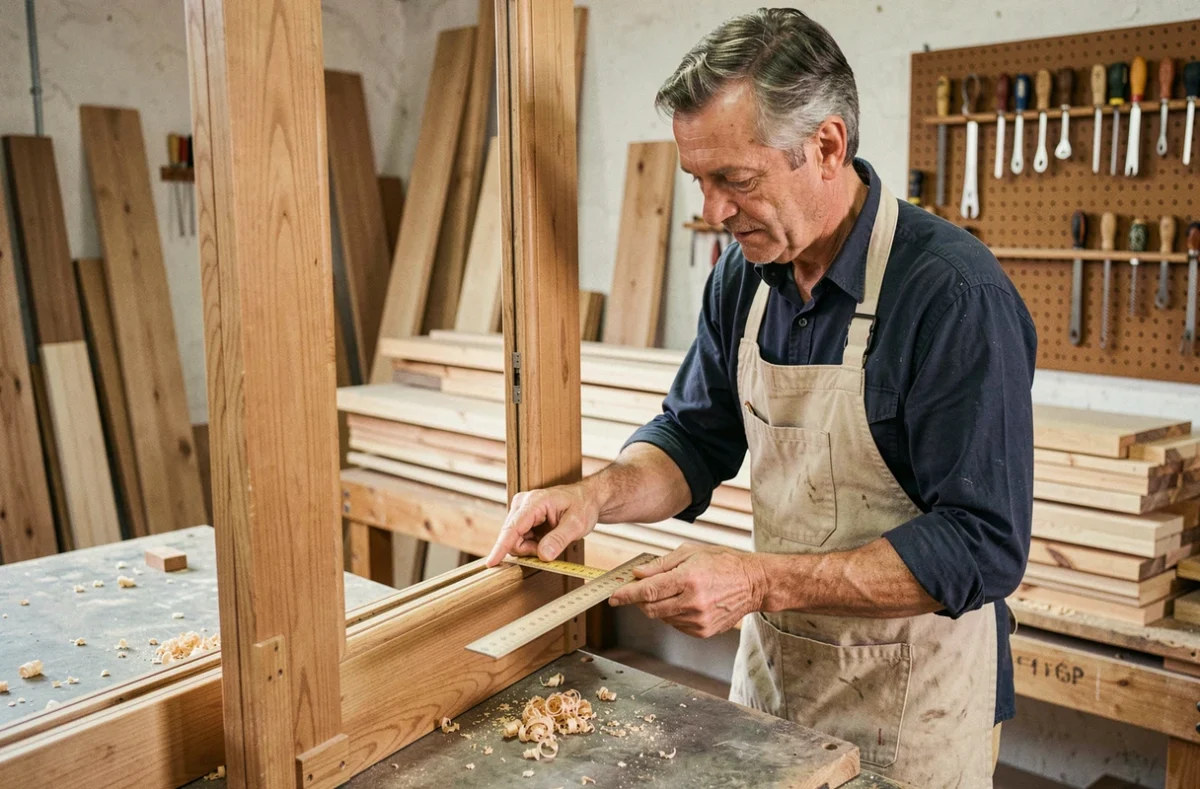 Menuisier expérimenté mesurant un cadre de porte en chêne dans un atelier de menuiserie artisanale dans l'Hérault